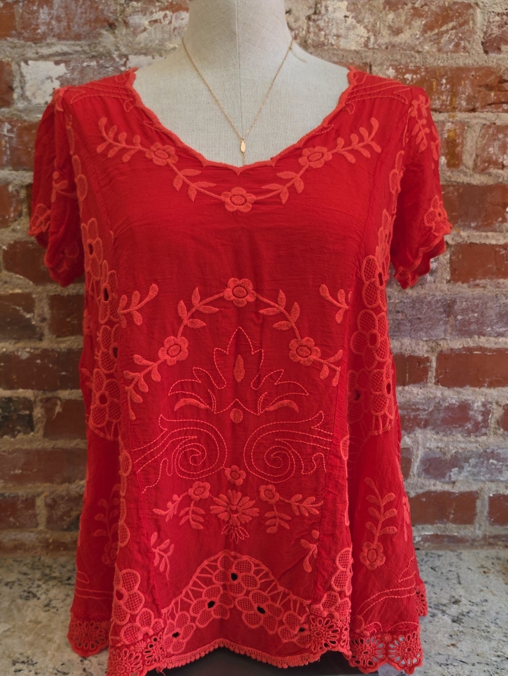 Johnny Was Red Embroidered Short Sleeve V-Neck Top